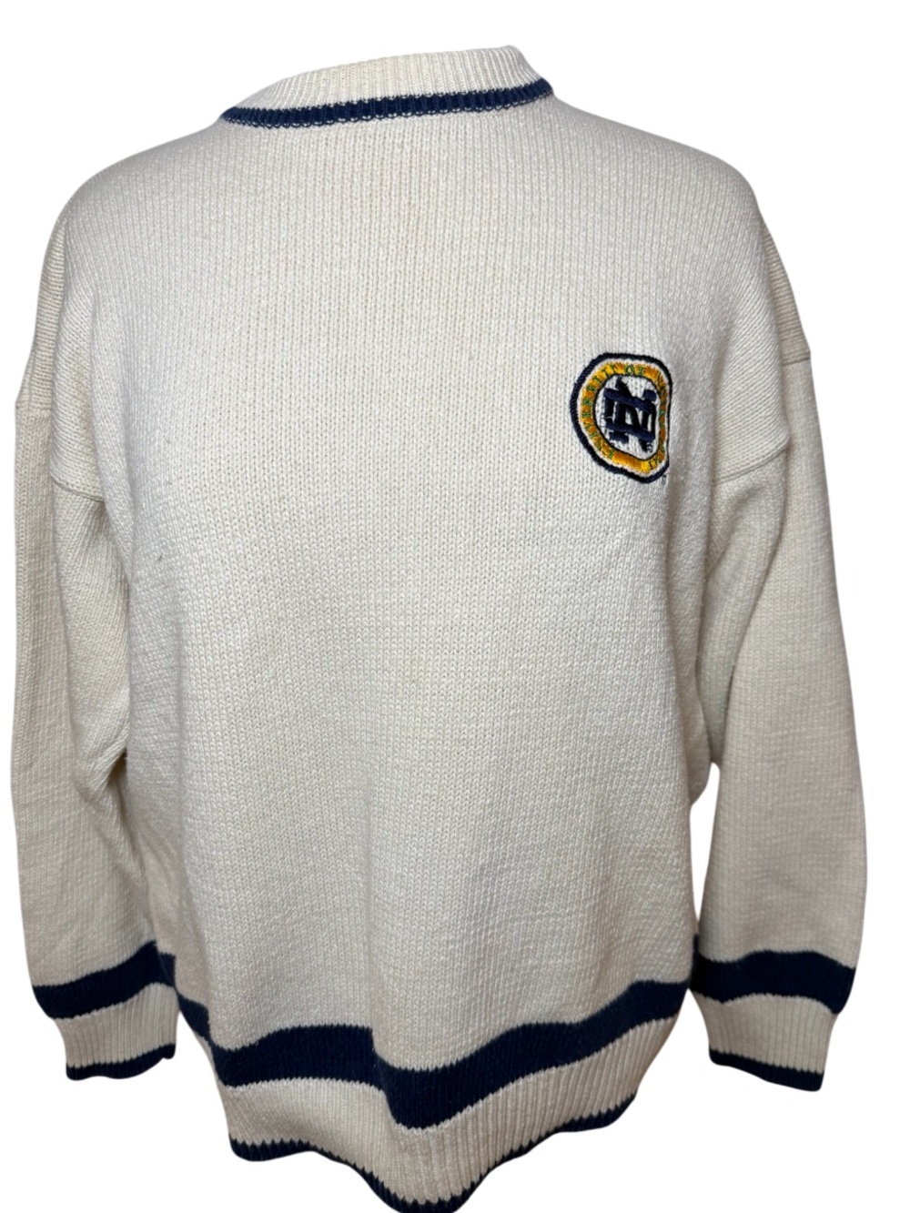 Notre Dame Vintage Men's Cream Knit Sweater with Navy Trim-Size L - Picture 10 of 10